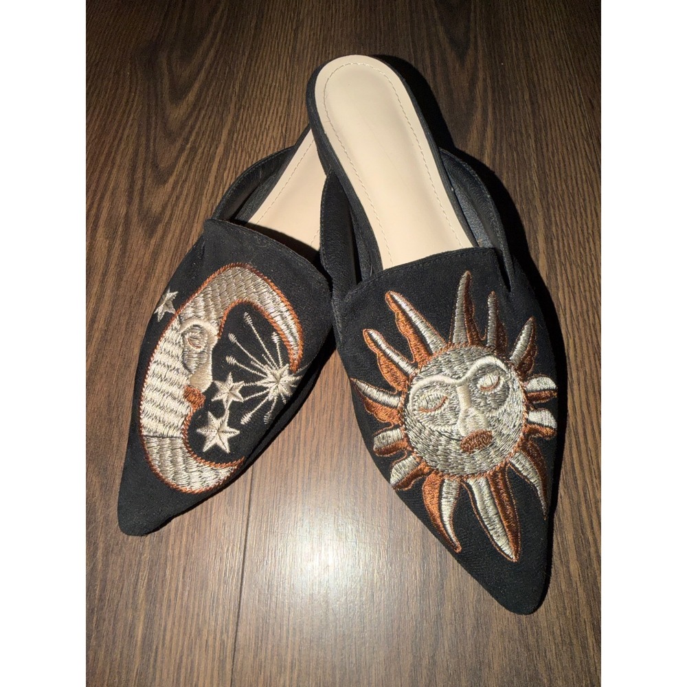 Unbranded Mules Womens 40 Black Excellent Sun Moon Celestial Pointed Toe Flats